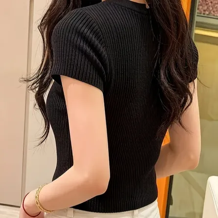 Women's Short Sleeve Ribbed Knit V-Neck Top with Multi-Color Buttons - Image 6