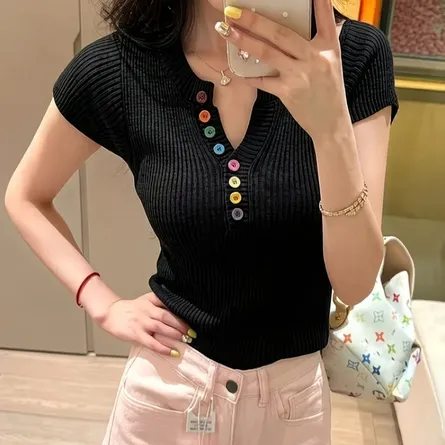 Women's Short Sleeve Ribbed Knit V-Neck Top with Multi-Color Buttons - Image 5