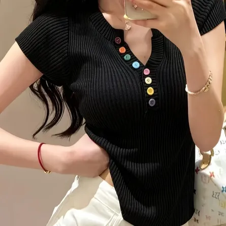 Women's Short Sleeve Ribbed Knit V-Neck Top with Multi-Color Buttons - Image 4