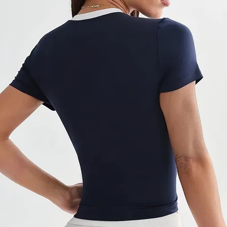 Women's Contrast Panel Short-Sleeve Athletic Top with Ribbon Detail - Image 5