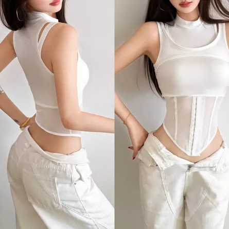 Women's White Mesh Corset Layered Tank Top - Image 4