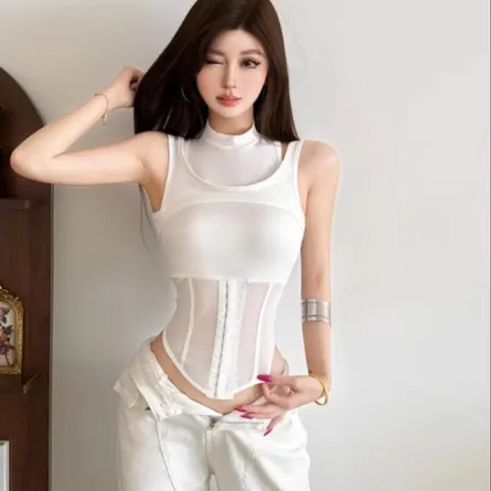 Women's White Mesh Corset Layered Tank Top