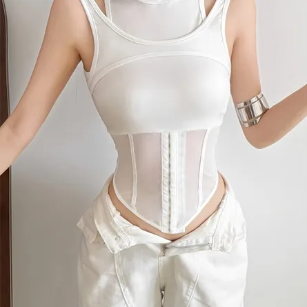 Women's White Mesh Corset Layered Tank Top - Image 3
