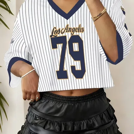 Los Angeles 79 Pinstripe V-Neck Crop Baseball Jersey - Image 3