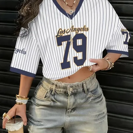 Los Angeles 79 Pinstripe V-Neck Crop Baseball Jersey - Image 4