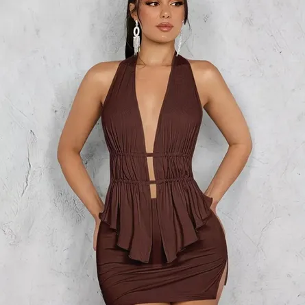 Elegance Defined: Ruched Halter & Side-Split Skirt Two-Piece Set - Image 3