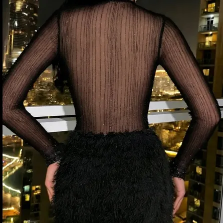 Glamorous Glitter Mesh & Feather Trim Mini Dress - Image 7
