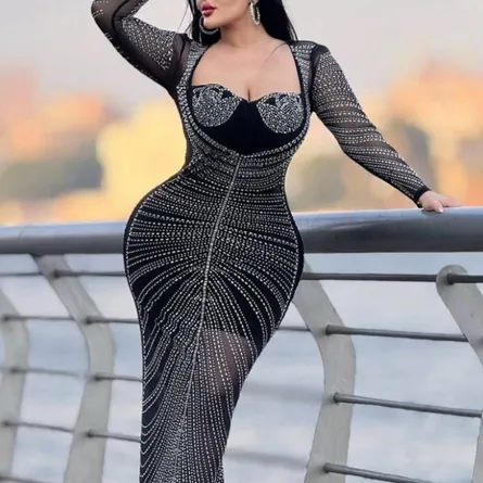Premium Glamorous Sheer & Crystal Embellished Bodycon Maxi Dress
