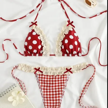 Two-Piece Lace Bikini Swimsuit Beachwear - Red Polka Dot & Gingham Mix - Image 4