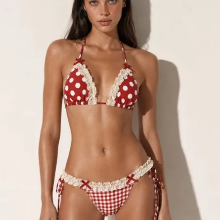 Two-Piece Lace Bikini Swimsuit Beachwear - Red Polka Dot & Gingham Mix