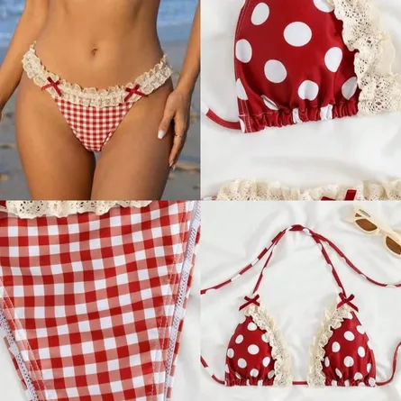 Two-Piece Lace Bikini Swimsuit Beachwear - Red Polka Dot & Gingham Mix - Image 6