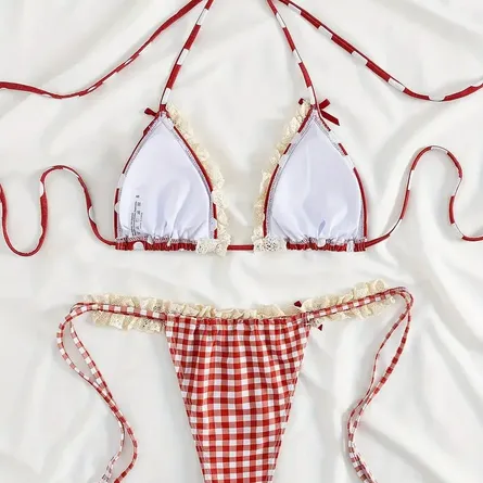 Two-Piece Lace Bikini Swimsuit Beachwear - Red Polka Dot & Gingham Mix - Image 5