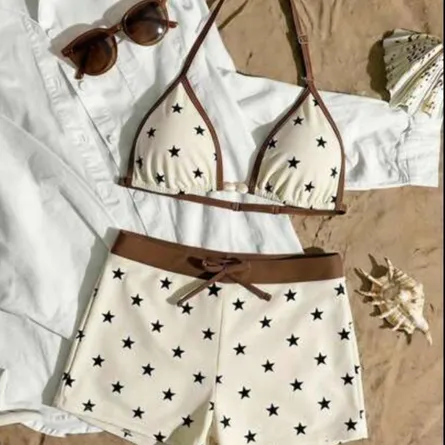 Y2K Retro Star Print Triangle Bikini Two-Piece Set - Beige & Brown - Image 5