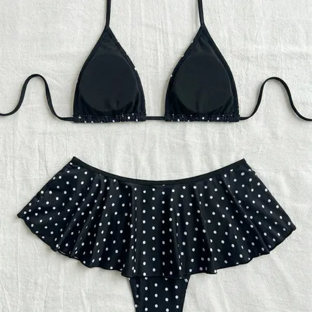 Chic Polka Dot Two-Piece Bikini Set with Ruffle Skirt - Image 6