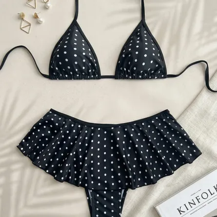 Chic Polka Dot Two-Piece Bikini Set with Ruffle Skirt - Image 4