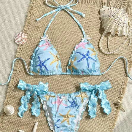 Ocean Vibes Starfish Print Ruffle Bikini Set - Image 5