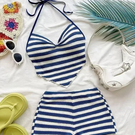 Blue & White Striped Crochet Halter Top and Shorts Set - Image 4