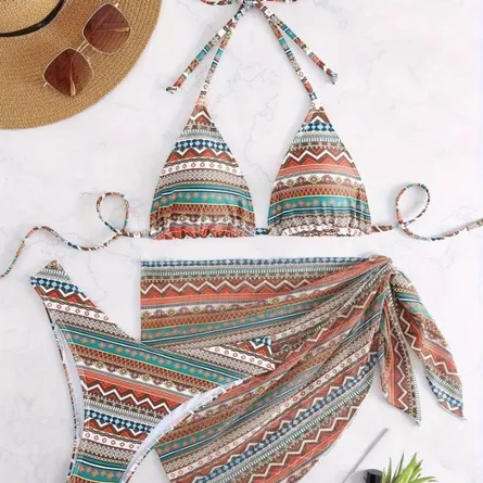 Boho Geometric Print Bikini & Sarong Set - Image 5