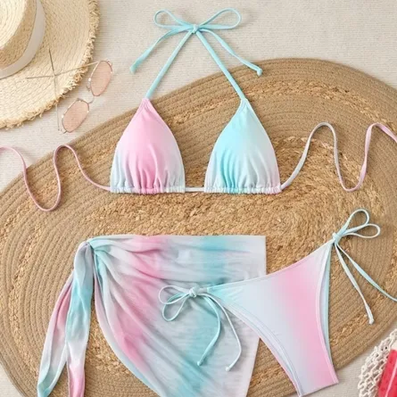 Pastel Gradient 3-Piece Bikini & Cover-Up Set - Image 6