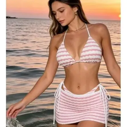 Womens Pink & White Textured Stripe Halter Bikini & Tie-Side Mini Skirt Set