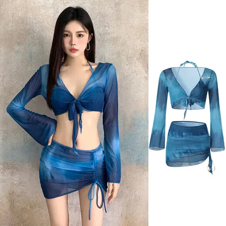 Elegant Blue Mesh Beachwear 3-Piece Set - Image 6
