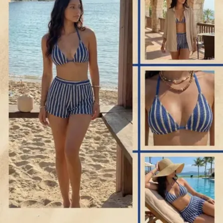 Women's Navy and Cream Vertical Stripe Crochet Knit Bikini Set with Matching Tie-Side Shorts - Image 5