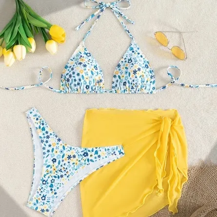 3-Piece Floral Print Halter Bikini Swimsuit & Sheer Wrap Skirt Set - Image 5