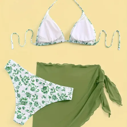 Product Name: 3-Piece Ditsy Floral Halter Bikini & Cover-Up Set - Image 5