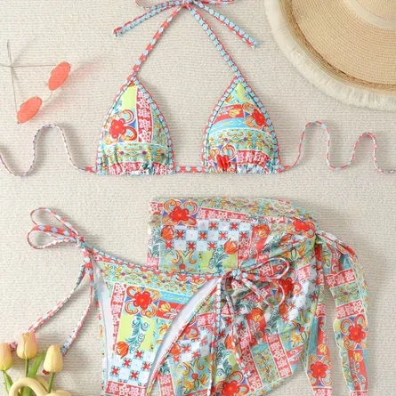 Women's Bohemian Print Triangle Bikini & Side-Tie Sarong Cover-Up Set - Multi-Color - Image 5