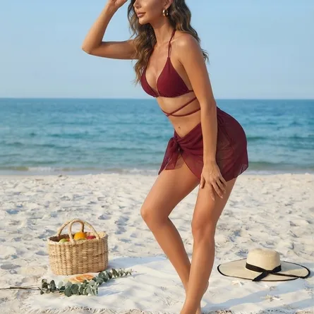 3-Piece Halter Wrap Bikini Set with Matching Sarong Cover-Up - Image 8