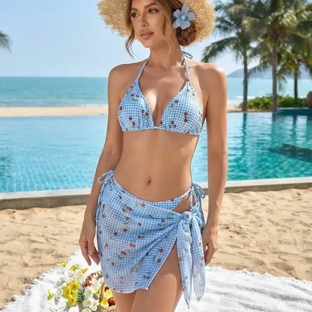 Sweet Cherry Gingham 3-Piece Bikini & Sarong Set - Image 5