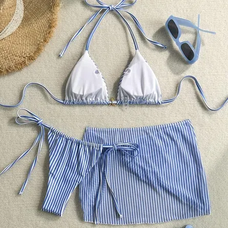 Blue Striped 3-Piece Bikini Set with Sarong - Image 5