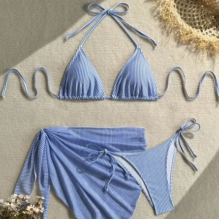 Blue Striped 3-Piece Bikini Set with Sarong - Image 4