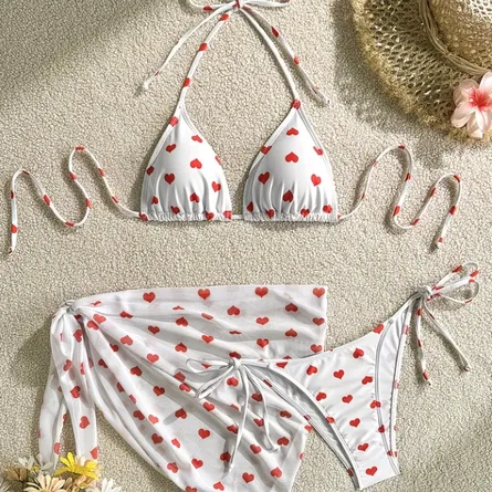 Sweetheart Print Triangle Bikini Set with Matching Sarong Cover-Up - Image 5