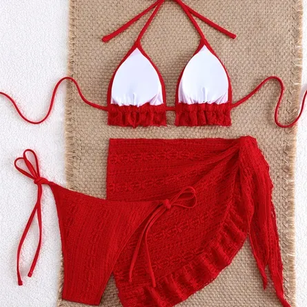 3-Piece Red Bikini Set with Matching Sarong Cover-Up - Image 5