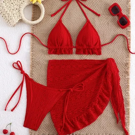 3-Piece Red Bikini Set with Matching Sarong Cover-Up - Image 4