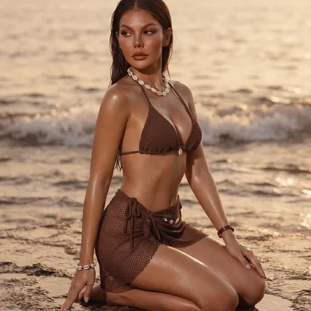 Sun-Kissed Goddess Brown Crochet Triangle Bikini & Sarong Set - Image 5