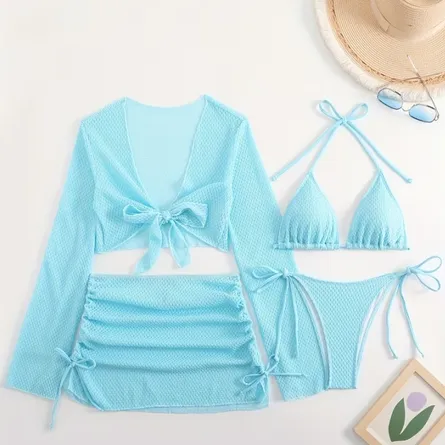 3-Piece Sky Blue Bikini & Mesh Cover-Up Set - Image 5