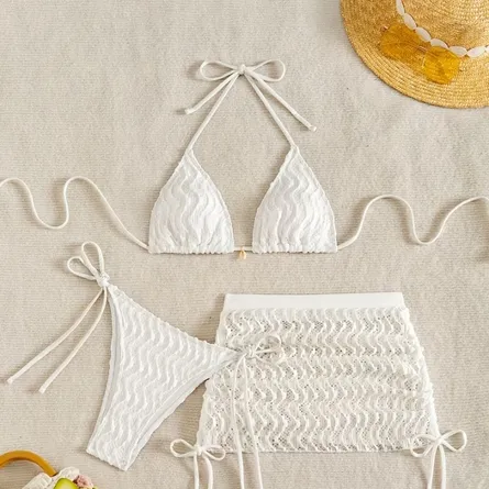 Sun-Kissed Textured Bikini & Crochet Skirt Cover-Up Set in Ivory - Image 5