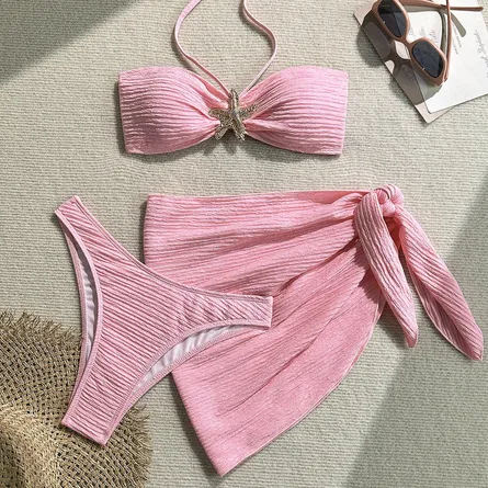 Women's Pink Crinkle-Textured 3-Piece Swimsuit Set with Starfish Charm - Image 5