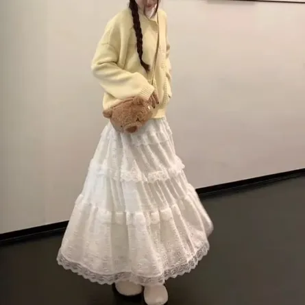 Elegant Tiered Lace Midi Skirt - Ivory White - Image 6