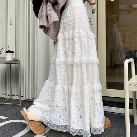 Elegant Tiered Lace Midi Skirt - Ivory White - Image 5