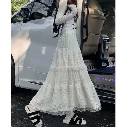 Elegant Tiered Lace Midi Skirt - Ivory White - Image 3