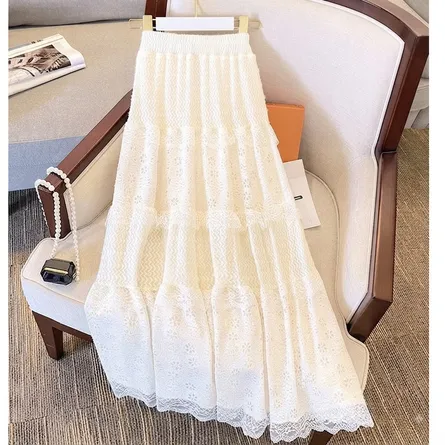 Elegant Tiered Lace Midi Skirt - Ivory White