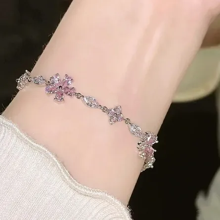 Sparkling Pink Floral Cluster Link Bracelet in Sterling Silver