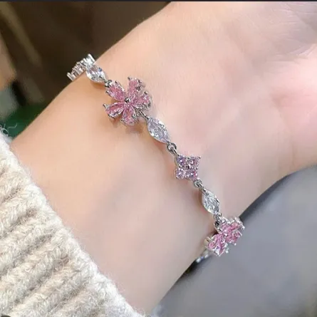 Sparkling Pink Floral Cluster Link Bracelet in Sterling Silver - Image 3