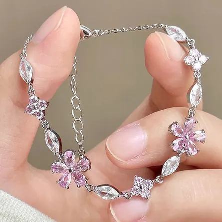 Sparkling Pink Floral Cluster Link Bracelet in Sterling Silver - Image 5