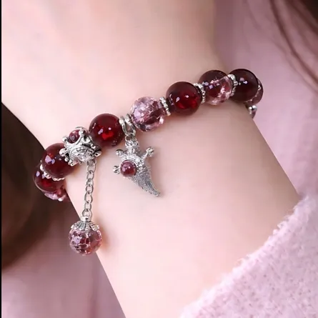 Elegant Deep Red Crackle Quartz Beaded Bracelet with Silver Wing & Sphere Charms - Image 5
