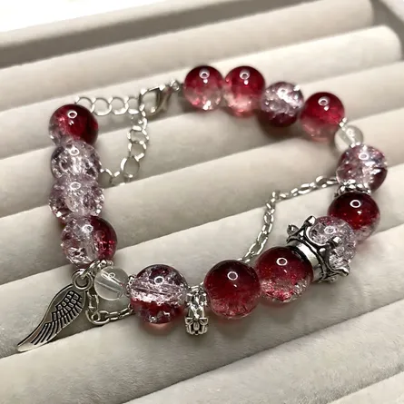 Elegant Deep Red Crackle Quartz Beaded Bracelet with Silver Wing & Sphere Charms
