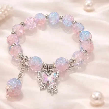 Ethereal Aurora Beaded Bracelet with Iridescent Butterfly Charm and Dangle